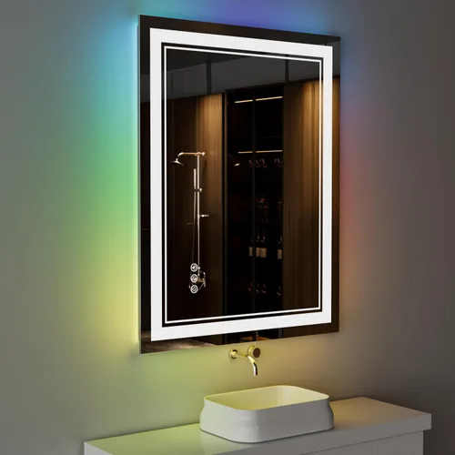 Vista 16 de Espejo de baño LED de 24 x 28 pulgadas, luz frontal y retroiluminada, antiniebla, regulable, espejo de tocador iluminado con memoria, espejo LED