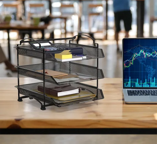 Vista 2 de SimpleHouseware Organizador de documentos y cartas para escritorio, apilable de tres niveles, negro