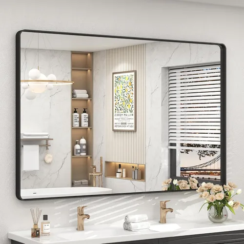 Vista 45 de Paquete de 2 espejos de baño con marco de metal negro de 22 x 30 pulgadas, espejo rectangular redondeado negro mate, antioxidante, se cuelga
