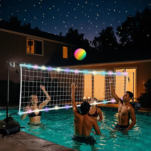 Vista 6 de Juego de red de voleibol de piscina con luces LED, red de voleibol con bases pesadas y longitud ajustable de 15 a 42 pies para piscinas enterradas