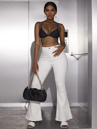 Vista 5 de Floerns Camiseta sin mangas con diamantes de imitación para mujer con malla transparente