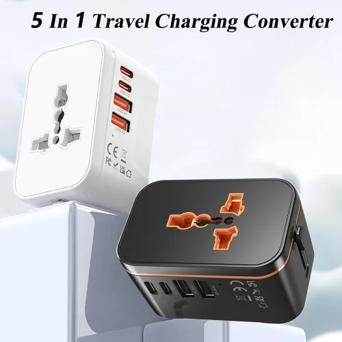 Vista 4 de Adaptador de corriente universal de viaje, adaptador de carga rápida PD de 20 W, convertidor de enchufe de viaje internacional con 2 puertos USB A