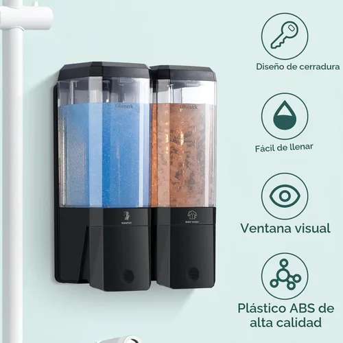 Vista 2 de Dispensador de champú y acondicionador, 2 cámaras, sin perforación, dispensador de champú para ducha, dispensador de jabón de ducha montado