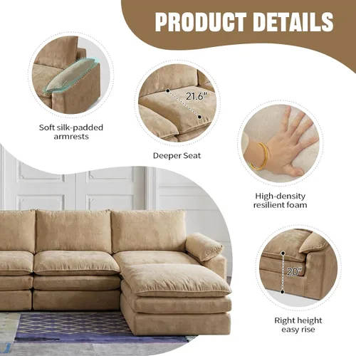 Vista 4 de Sofá modular en forma de nube de 118 pulgadas, con otomana móvil, sofá de asiento profundo de felpilla para sala de estar, sin montaje, caqui