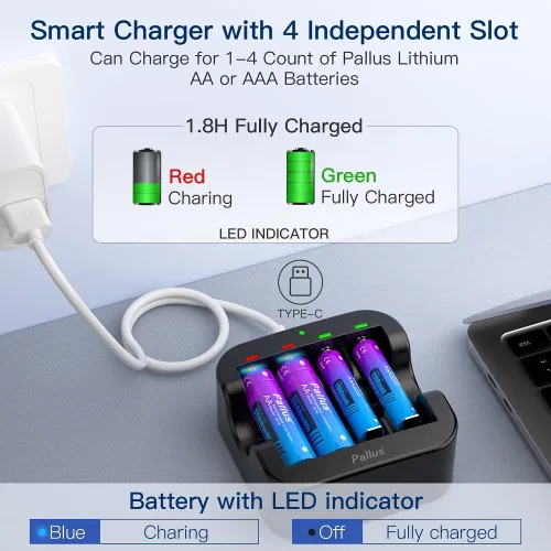 Vista 2 de Pallus Baterías AA AAA recargables de 1.5 V, paquete de 4 pilas AA y 4 pilas AAA recargables de iones de litio con cargador combinado