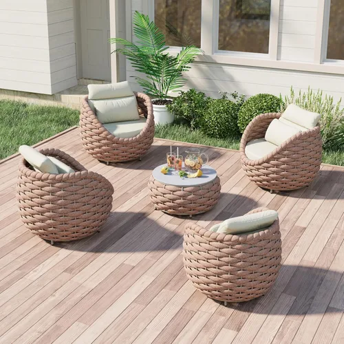 Vista 21 de Juego de muebles de patio de aluminio de 3 piezas: cuerda tejida a mano para conversación al aire libre, juego de 2 cojines modernos montados, juego
