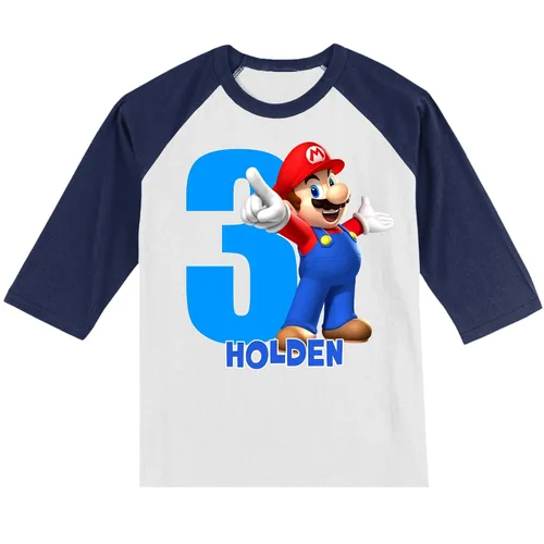 Vista 3 de Personalized Mario Super Birthday Shirt Handmade Decorated Shirt Personalized with Name and Age Unisex 3/4 Sleeve Raglan T-Shirt