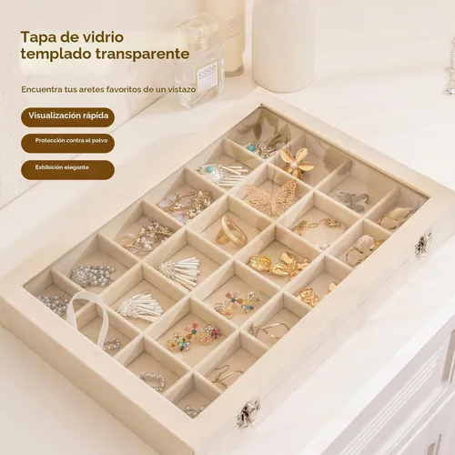 Vista 6 de Frebeauty Bandeja de joyería de 24 rejillas con tapa transparente Beige