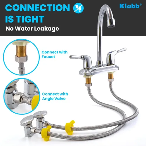 Vista 6 de Klabb Conector de grifo de cocina de baño de 24 pulgadas de largo, manguera de suministro de acero inoxidable trenzada, rosca de compresión hembra