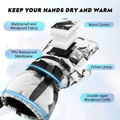 Vista 2 de ATERCEL Guantes de esquí para hombre y mujer, impermeables, 2022, guantes de nieve con pantalla táctil, guantes de snowboard para clima frío