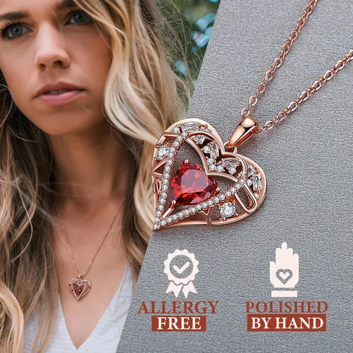 Vista 4 de Collar de cristal de 5 corazones, chapado en oro rosa de 18 quilates, colgante con cadena de plata de ley 925 de 18 + 2 pulgadas, joyería de piedra