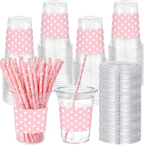 Vista 23 de Sliner 50 juegos de vasos de plástico a cuadros de 16 onzas con tapas y pajitas de papel, vasos desechables transparentes para fiesta de autos