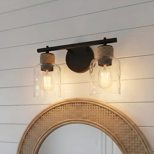 Vista 8 de Quoizel Naturals Baltic - Luces modernas de tocador de 14.5 pulgadas, 2 luces, estilo costero, color negro mate y cristal de agua transparente