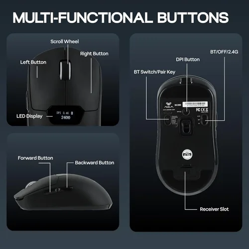 Vista 7 de MechLands Aula SC390 - Mouse ligero para juegos con pantalla de visualización, mouse inalámbrico de 2.4G/USB-C/BT con batería de 400 mAh, ajustable
