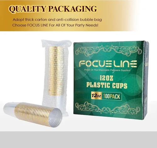 Vista 6 de FOCUSLINE Paquete de 100 vasos de plástico de 12 onzas con borde dorado, vasos transparentes de 12 onzas, vasos duros desechables elegantes