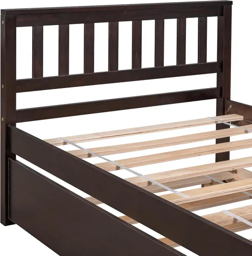 Vista 6 de VECELO Twin Size Platform Bed with Trundle, Solid Wood Twin Bed Frame with Slat Support, 400lbs+200lbs Weight Capacity, No Box Spring Needed