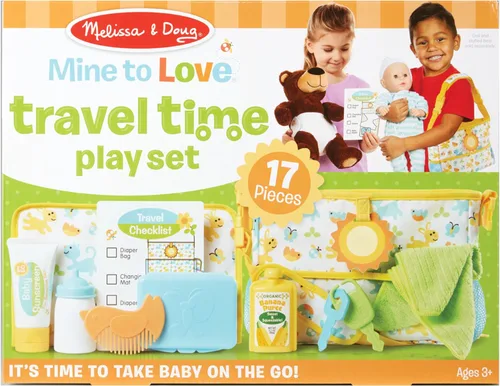 Vista 5 de Melissa & Doug Mine to Love Travel Time Play Set para muñecas con bolsa de pañales, botella, protector solar, más (17 piezas) - Accesorios