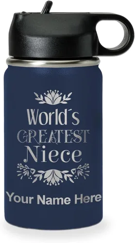 Vista 13 de LaserGram Botella de agua con tapa abatible de doble pared de 12 onzas con pajilla, sobrina más grande del mundo, grabado personalizado incluido