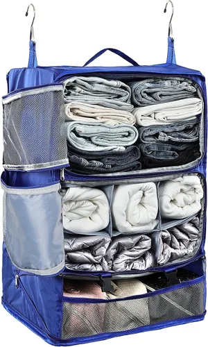 Vista 20 de ELEZAY Cubos de embalaje colgantes portátiles para armario, organizador de ropa de compresión plegable de 3 estantes para equipaje de mano, maleta