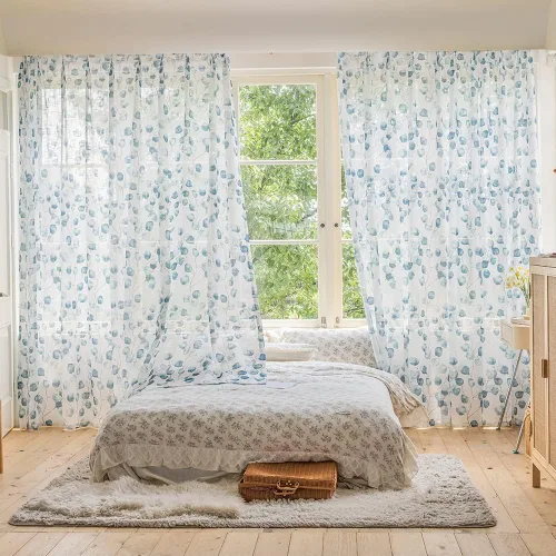 Vista 2 de SUOUO Cortinas blancas semitransparentes con hojas azules para dormitorio, comedor, sala de estar, lino texturizado de 84 pulgadas de largo