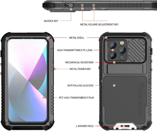 Vista 2 de Funda impermeable para iPhone 14 para iPhone 14 bajo el agua, funda metálica para iPhone 14 con protector de pantalla, soporte militar, cuerpo