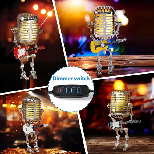 Vista 4 de Lámpara robótica de guitarra con micrófono vintage, regalos de música para hombres, regalos geniales para amantes de la música, luz vintage