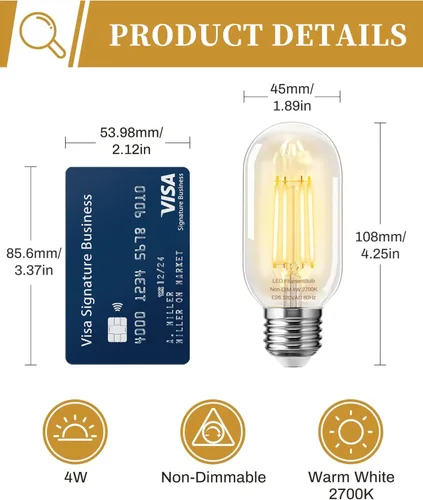 Vista 2 de NOTOC foco LED E26 de 4 W, equivalente a 40 W, foco tubular E26 no regulable luz cálida diurna 4000 K, foco de filamento Edison antiguo