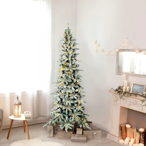 Vista 3 de Fraser Hill Farm - Árbol de Navidad delgado y nevado con base de metal, 7.5 pies de alto, artificial, Mountain Pine, luces LED, control remoto