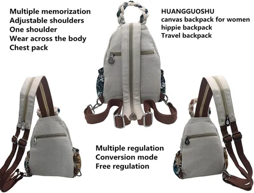 Vista 29 de HUANGGUOSHU Mochila de algodón tejida de algodón bohemio con bordado de lona estilo bohemio con múltiples bolsillos retro linda mochila cartera