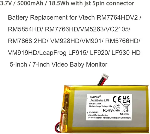 Vista 2 de Batería de repuesto de 5000mAh 3.7V para Vtech RM7866HD / RM7786HD / RM7766HD / RM7756HD 7 pulgadas Video Baby Monitor Leapfrog LF920hd LF930HD