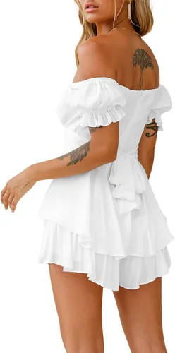 Vista 3 de Mameluco de manga abombada para mujer, vestido con volantes y hombros descubiertos con pantalones cortos de manga larga con capas fluidas de pirata