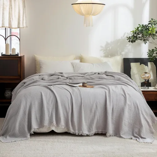 Vista 27 de FOSSA Manta de Muselina con Flecos - Gasa de Algodón 100% de 4 Capas Súper Suave y Transpirable - Manta Decorativa Ligera y Refrescante para Cama