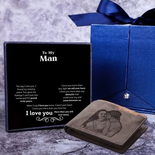 Vista 8 de Lovejewelry Carteras personalizadas con fotos para hombres, cartera de piel grabada para padre, novio (estilo 1)