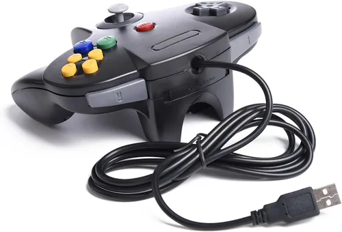 Vista 7 de KIWITATA Paquete de 2 controladores USB clásicos N64, Retro N64 con cable, control remoto para Windows PC 7 8 11 y Mac Raspberry Pi 3 Negro