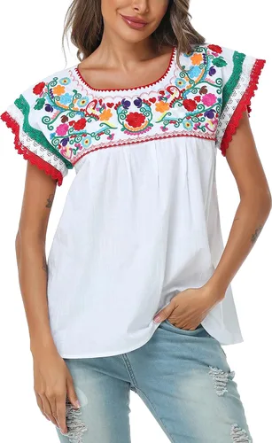 Vista 3 de YZXDORWJ Blusa tradicional colorida de encaje bordado mexicano para mujer, tricolor, camiseta del día de la independencia mexicana