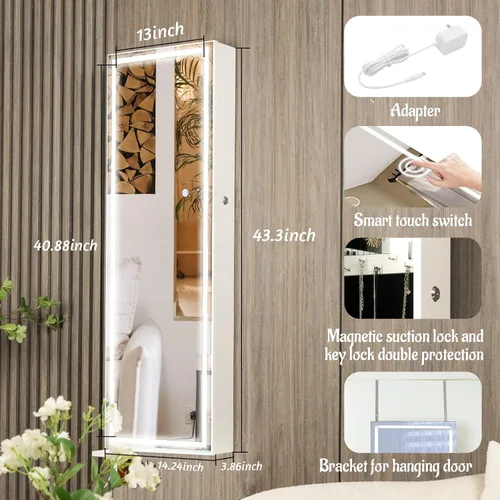 Vista 4 de KEDLAN Organizador de joyas, espejo iluminado de longitud completa con armario de joyería, joyero LED montado en la paredpuerta para mujeres