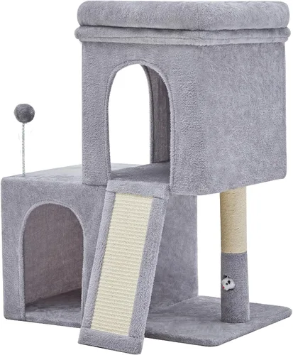 Vista 10 de Woochpet Árbol para gatos de 24 pulgadas de alto con 2 condominios para gatos y juguete de ratón, acogedora torre pequeña para gatos con poste