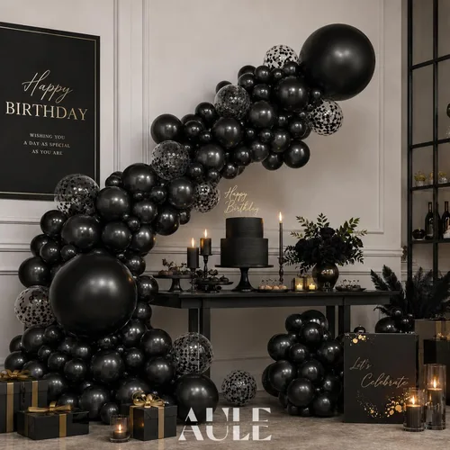 Vista 5 de AULE 100 globos metálicos negros de diferentes tamaños 18/12/10/5 pulgadas, globos de látex cromados brillantes de helio para decoración de fiesta