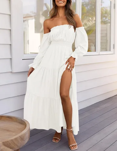 Vista 2 de ZESICA - Vestido largo, bohemio y sexy, con hombros descubiertos y manga larga fruncida, con elástico fruncido, cintura alta y abertura lateral