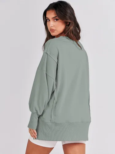Vista 5 de ANRABESS Sudadera de gran tamaño para mujer, cuello redondo, manga larga, casual, con abertura, sin botones, ropa de otoño