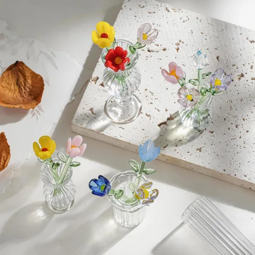 Vista 7 de 12 piezas de mini figuras de flores de vidrio sopladas a mano ramo de Multicolor 1