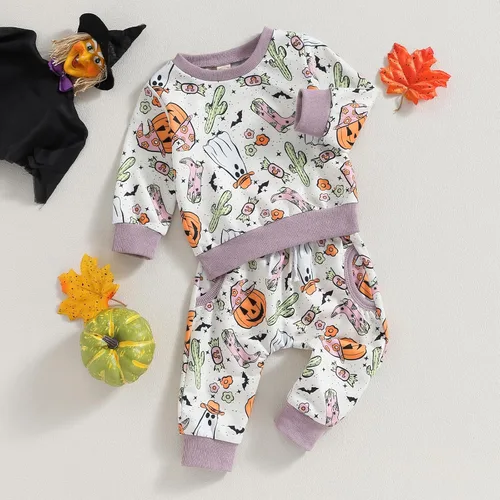 Vista 52 de YINGISFITM Conjunto de camisa de calabaza de Halloween para bebé, niña, niño, sudadera y pantalones para otoño e invierno