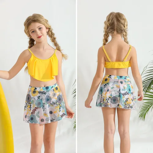 Vista 4 de Traje de baño para niñas con estampado de leopardofloralvaca, conjunto de bikini de 3 piezas con falda de playa