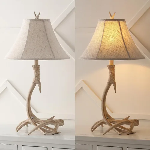 Vista 5 de JONATHAN Y Lámpara de mesa de resina rústica beige de 27.5 pulgadas para sala de estar, dormitorio, pantalla de lino gris claro, lámpara de mesita
