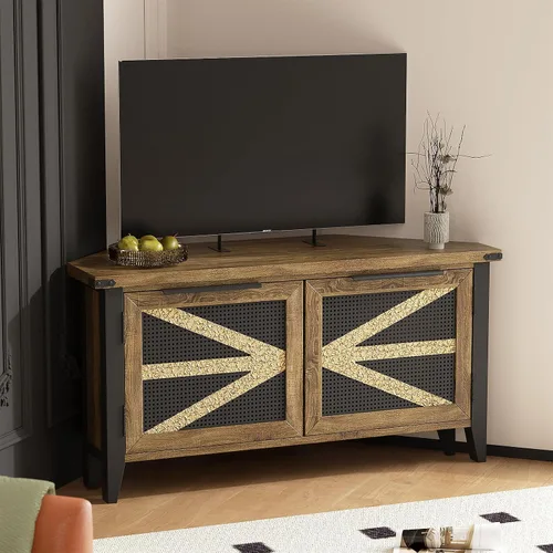 Vista 7 de VFK Soporte de TV de esquina de estilo granja para TV de 50 pulgadas, centro de entretenimiento rústico con almacenamiento, mesa de consola