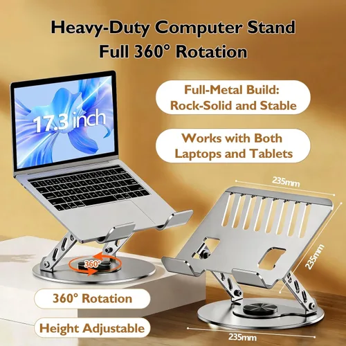 Vista 3 de Laptop Stand for Desk - All-Metal Ergonomic Computer Stand & Laptop Riser, 360° Rotatable & Adjustable & Foldable, Laptop Holder for MacBook Gris