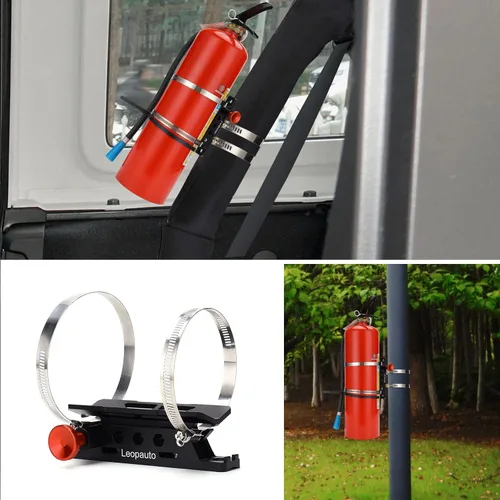 Vista 4 de Soporte universal para extintor de incendios, barra de liberación rápida, color negro Leopauto Fire Extinguisher Bracket Holder with 8 Clamps