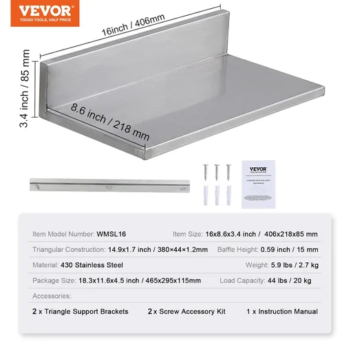 Vista 3 de VEVOR Estante de pared de acero inoxidable, 8.6 x 16 pulgadas, paquete de 2 con protector contra salpicaduras, soporta 44 libras, ideal para cocina