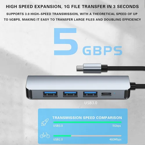 Vista 5 de Hub USB multiUSB Splitter 5Gbps USB 3.0 Extensor Hub con 4 puertos, cable de extensión USB súper velocidad HUB Splitter Expansión para mouse Flash