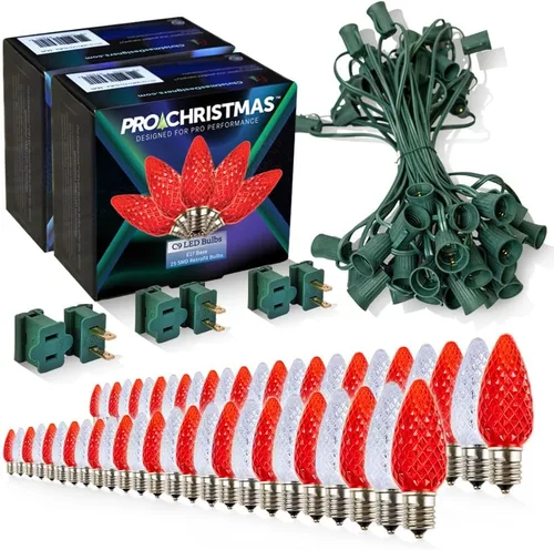 Vista 19 de Pro Christmas - Kit de luces C9 para exteriores, blanco cálido, cable verde, 50 bombillas, 50 pies